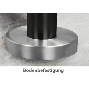 Detailaufnahme: Treba Eingangsgeländer GA6, Bodenmontage mit Rosette aus Edelstahl.