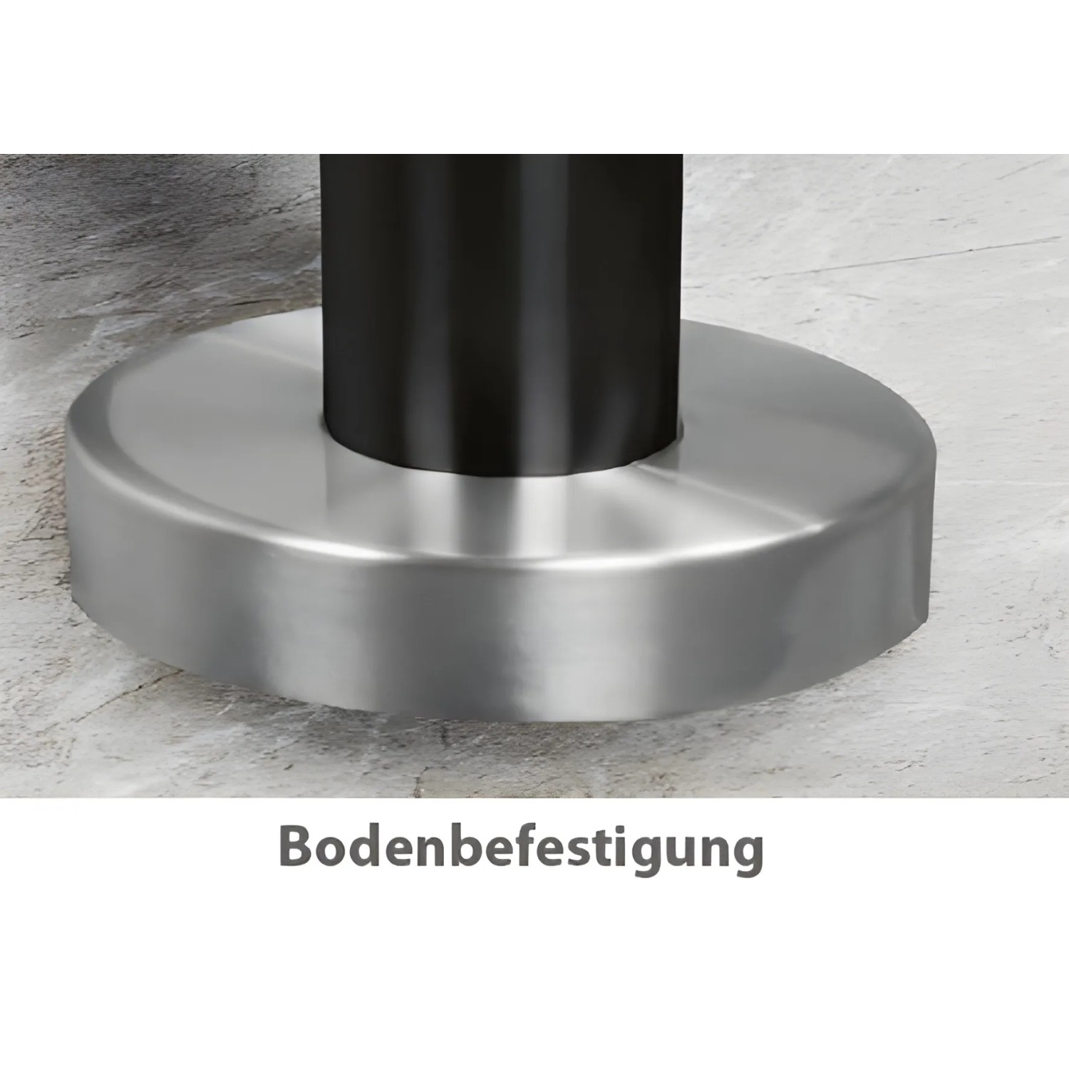 Detailaufnahme: Treba Eingangsgeländer GA6, Bodenmontage mit Rosette aus Edelstahl.