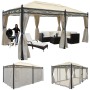 Creme Pergola Calpe 5x3m mit Seitenwand und Moskitonetz als Terrassenüberdachung.