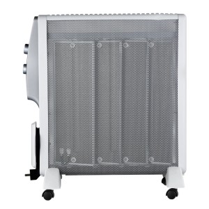 Weißer Vale Micathermic Heizkörper HY-200B mit Rollen und 2.000 W Leistung.