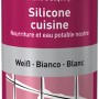 Weiße OBI Küchen-Silikon Kartusche, geeignet für Lebensmittelbereiche und Trinkwasser.