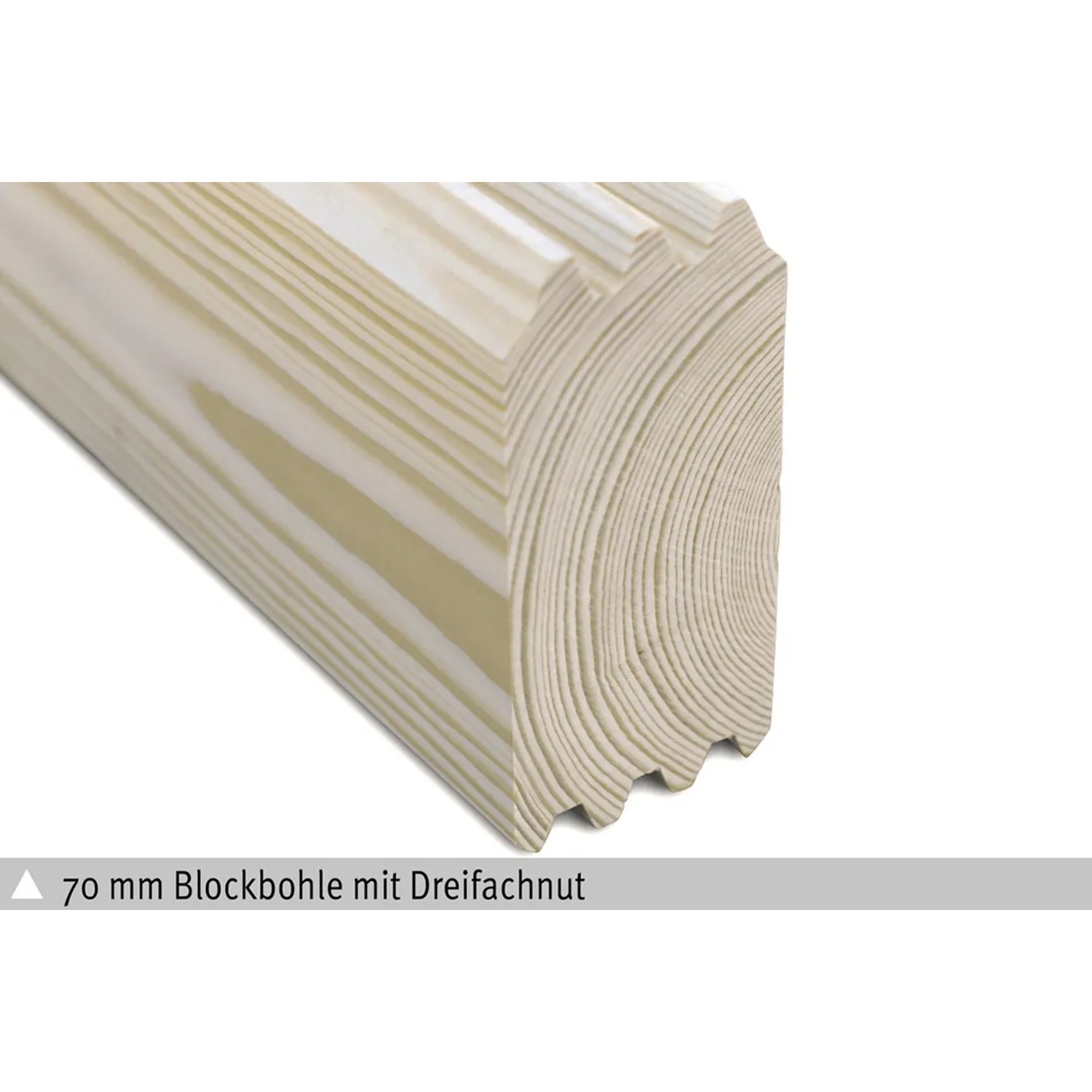 Detailaufnahme einer 70 mm Blockbohle mit Dreifachnut für Skan Holz Gartenhaus Toronto 1.