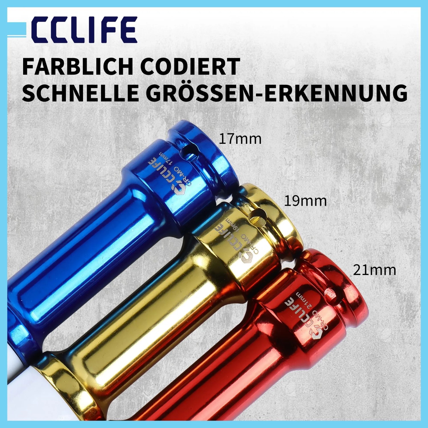 Farbcodierte 17, 19, 21mm Radmuttern Nüsse aus Cr-Mo Stahl für Schlagschrauber. Ideal für Alufelgen und Reifenwechsel.