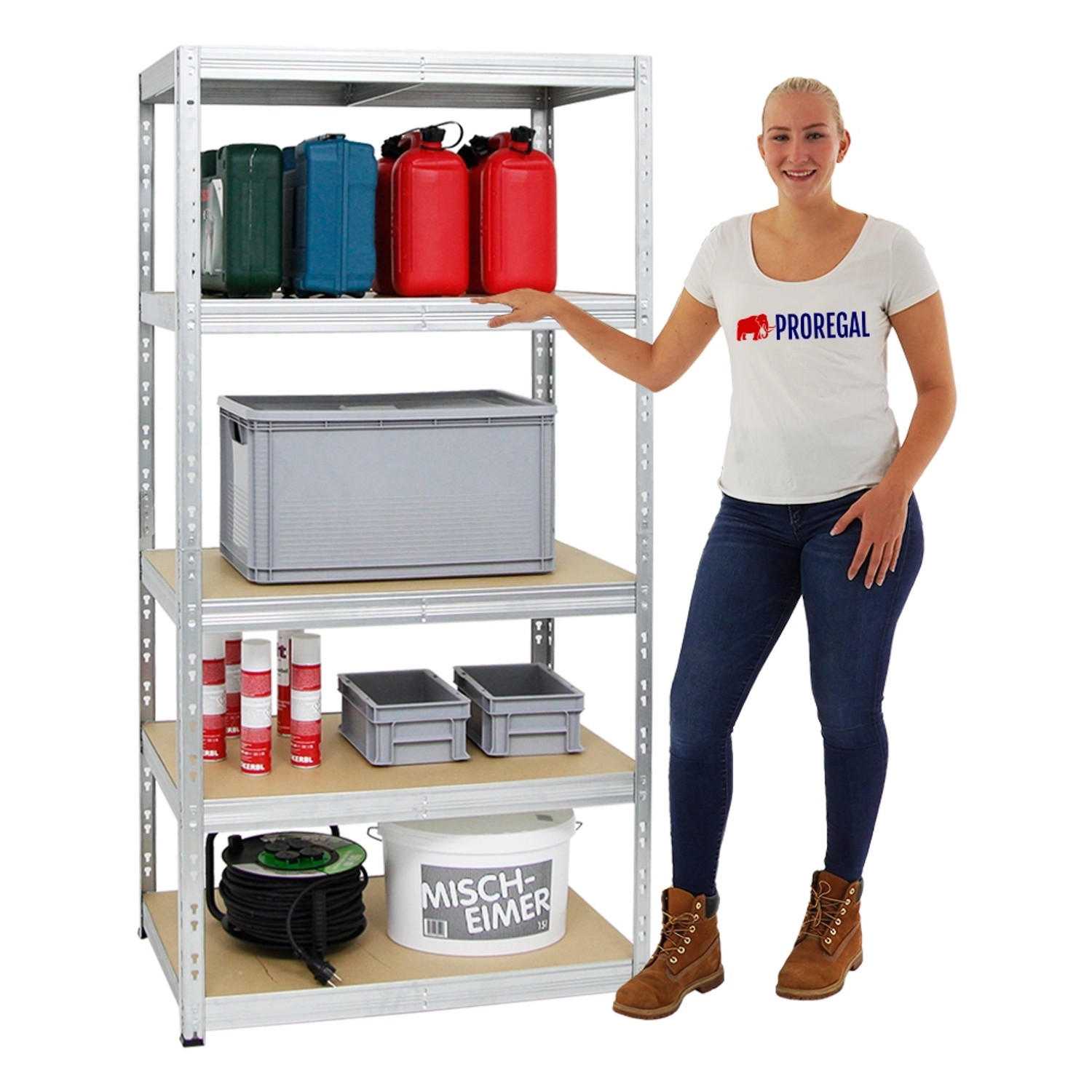 Verzinktes PROREGAL Schwerlastregal Tiger mit 5 Ebenen, beladen mit Werkstattutensilien.