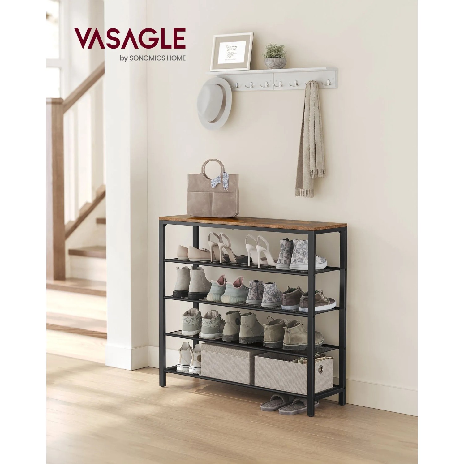 Vasagle Schuhablage mit 4 Gitterebenen in Braun-Schwarz, Schuhbank im Industrial Design.