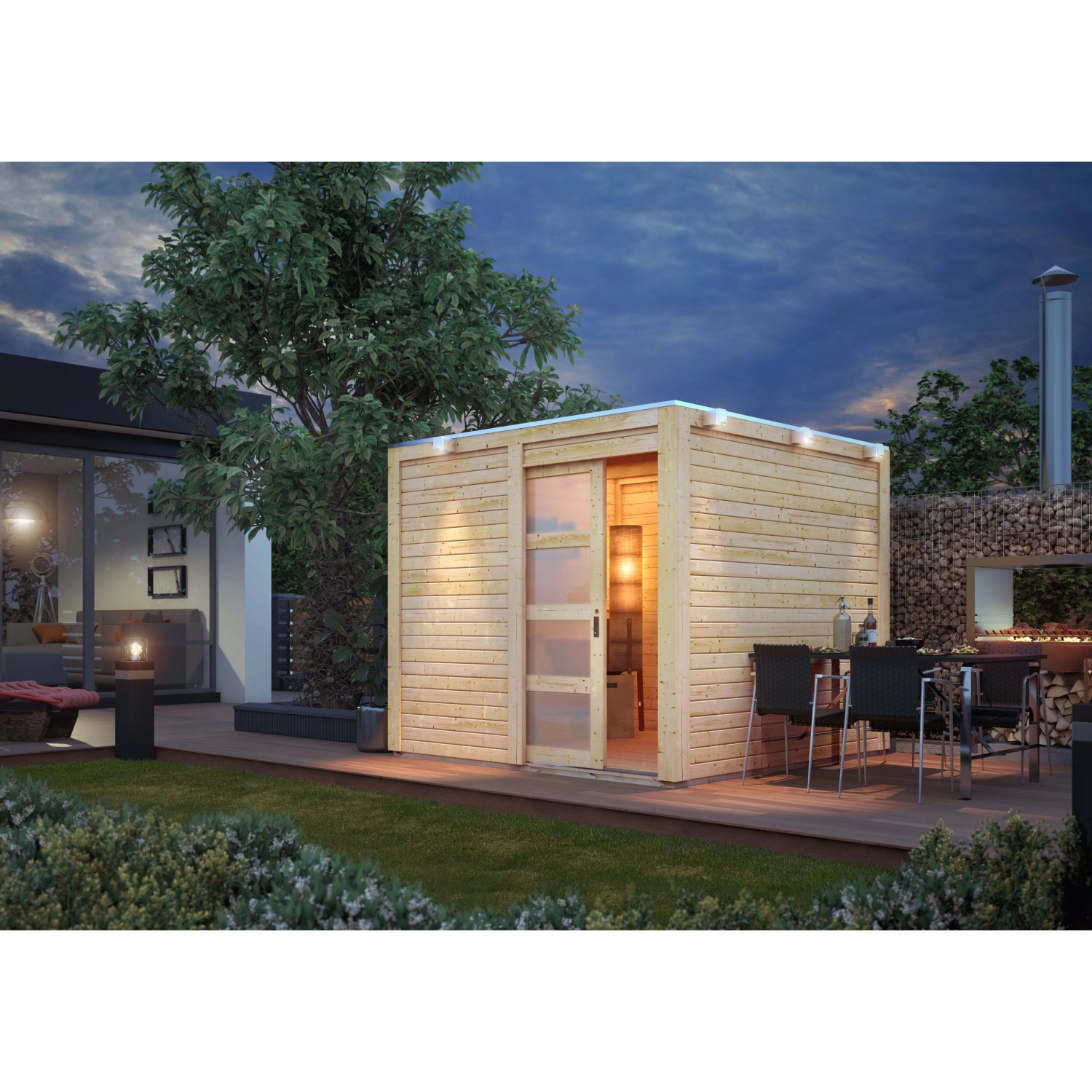 Karibu Holz-Gartenhaus Cuadrado, unbehandelt, mit Flachdach und Schiebetür. Naturholzoptik.