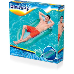 Verpackung der Bestway Aqua-Lounge, einer grünen Wasserhängematte mit liegendem Mann.
