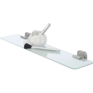 Tiger Ablage Ramos aus gebürstetem Edelstahl mit Glasablage und Badutensilien.