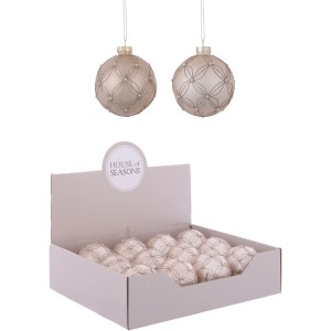 Cremefarbene Ornament Kugel, 8 cm Durchmesser, mit filigranem Muster. Weihnachtsbaumschmuck.