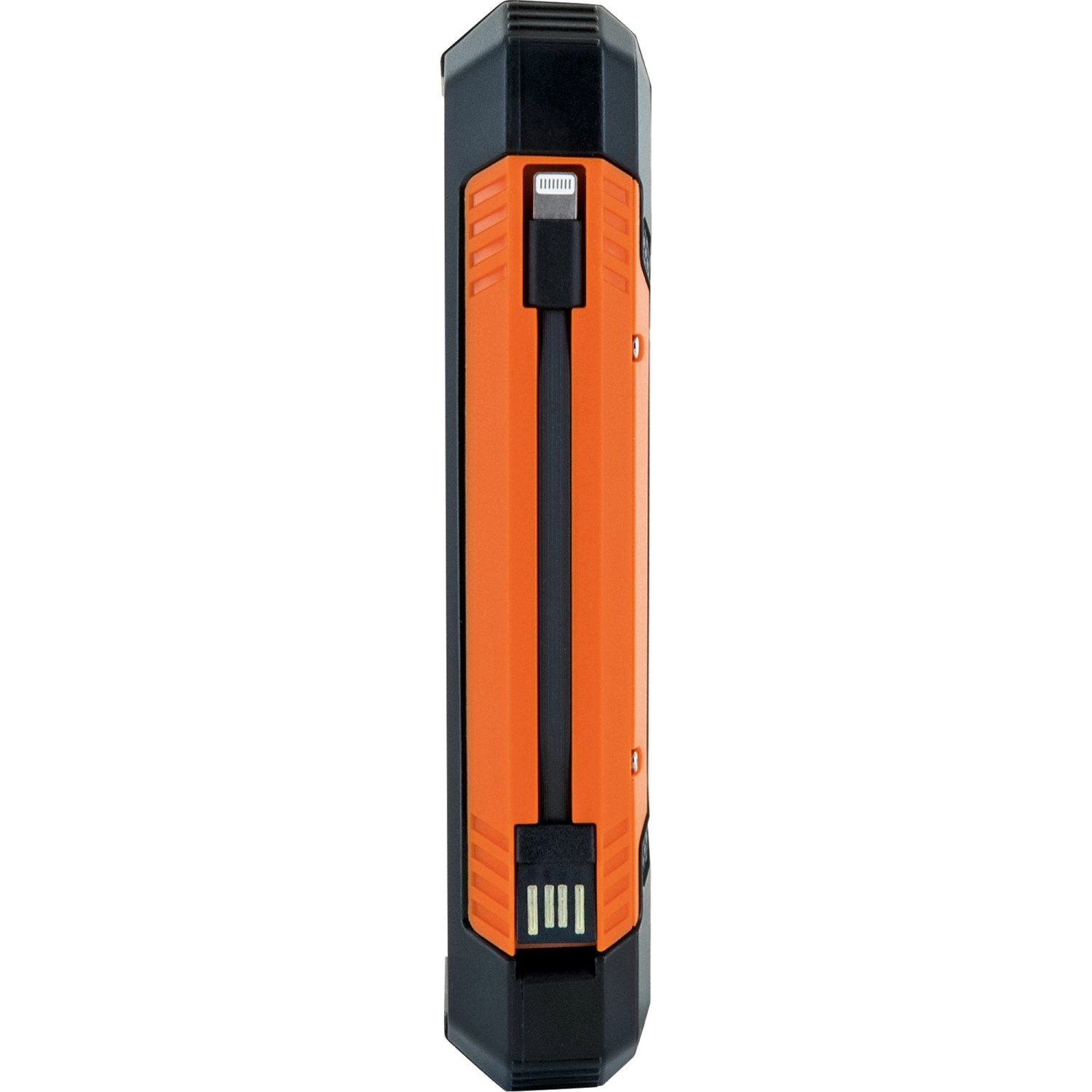 Schwaiger Solar-Powerbank in Schwarz und Orange mit USB- und Lightning-Anschluss.