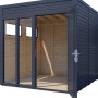 Anthrazitfarbenes Bertilo Holz-Gartenhaus Cubus 2 Office mit geöffneter Tür und Fensterfront.
