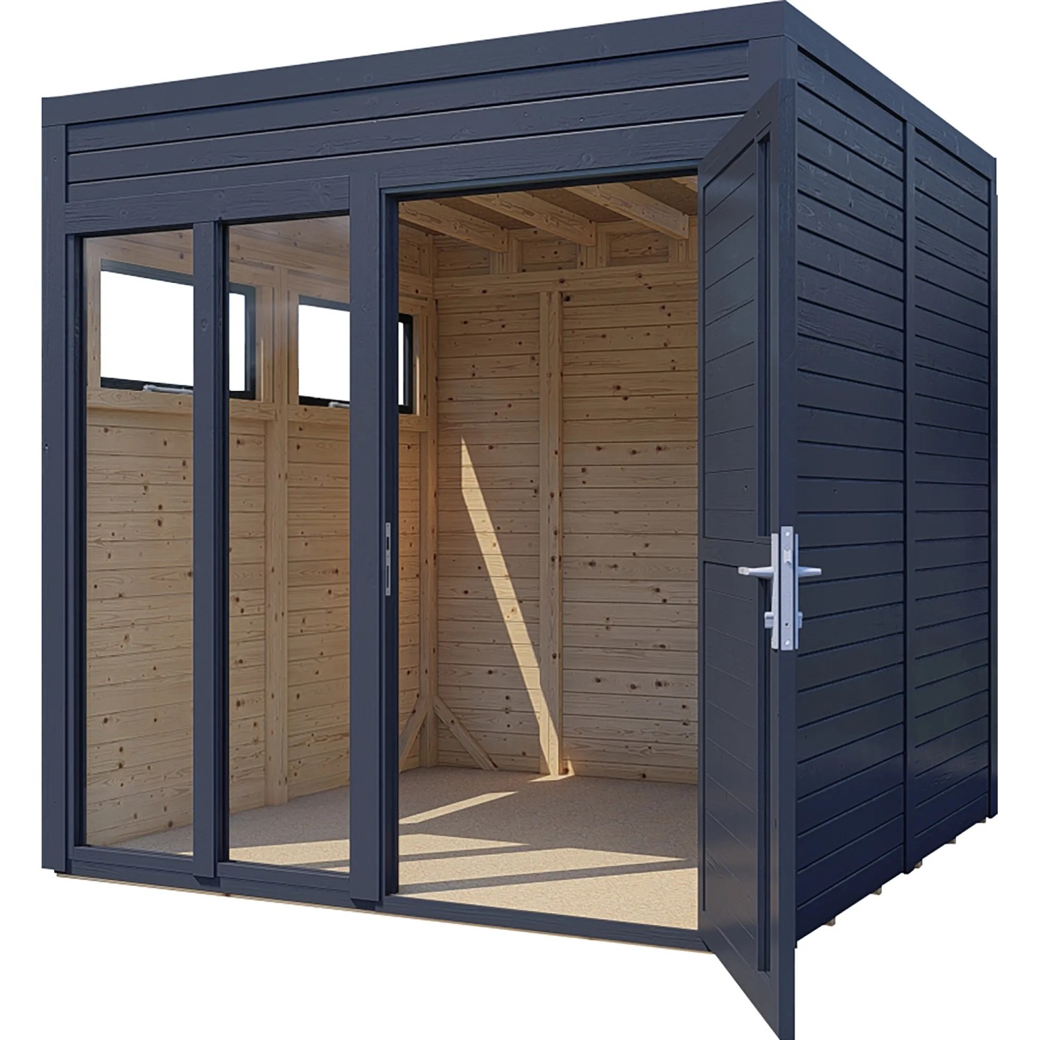 Anthrazitfarbenes Bertilo Holz-Gartenhaus Cubus 2 Office mit geöffneter Tür und Fensterfront.
