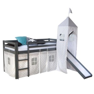 Homestyle4u Hochbett 90x200 mit Vorhang Rutsche und Turm in Grau Sterne 1873