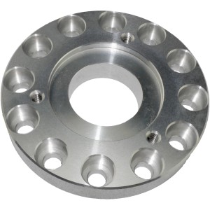 Rotwerk Universal Adapterflansch 72/55 für Drehmaschinen, silberfarben, mit Bohrungen.