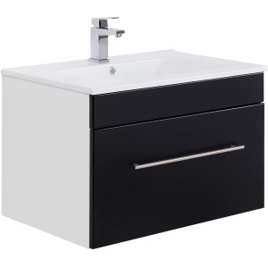 Posseik Waschplatz Viva 75 cm, schwarz seidenglanz, mit weißem Keramikwaschbecken und Schublade.