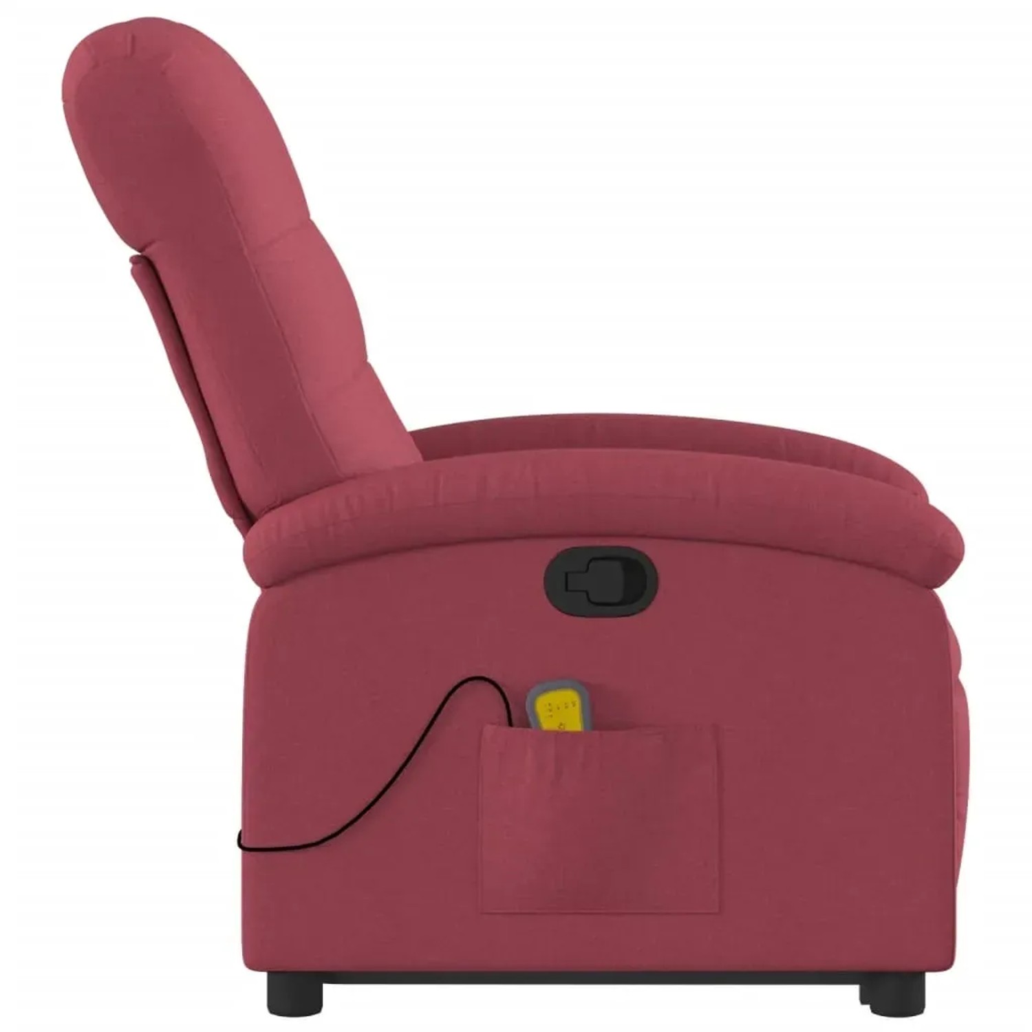 Weinroter Massagesessel mit Aufstehhilfe, Stoffbezug, Seitenansicht.