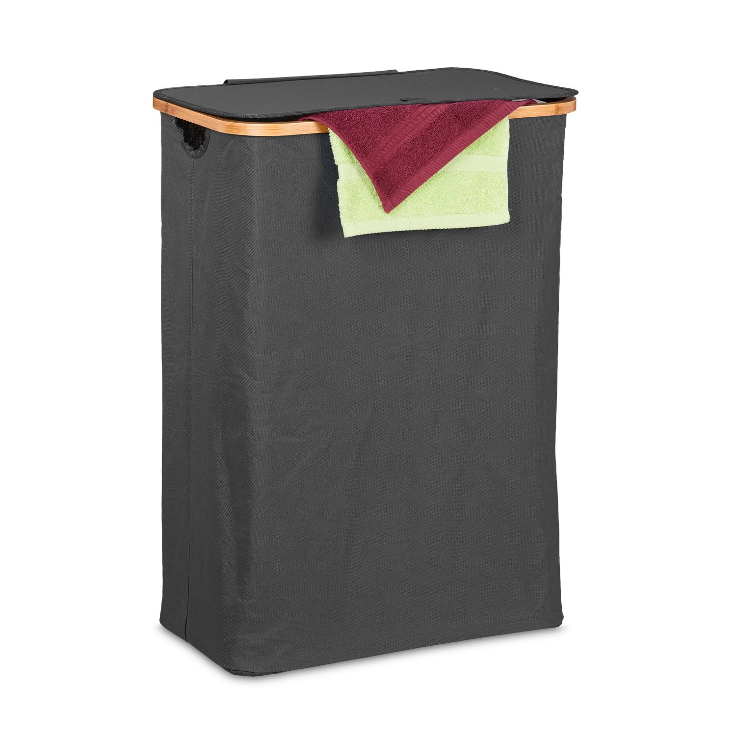 Relaxdays Wäschekorb Polyester Bambus Schwarz Natur Faltbar mit Deckel 105, 75 cm x 54 cm x 34 cm 1,3 kg