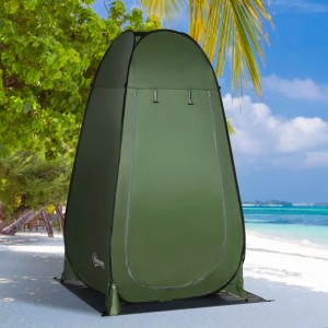 Grünes Outsunny Duschzelt aus Polyester und Stahl für Camping am Strand.