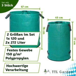Grünes TTL GARDEN Gartensack 3er Set: 1x 120L, 2x 272L Laubsäcke aus Polypropylen mit Griffen, selbststehend.