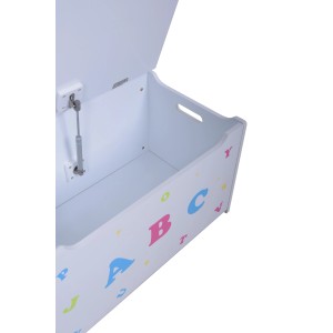 Offene, weiße Kinder-Truhenbank mit ABC-Motiv und Stauraum. Holz-Spielzeugtruhe mit Sitzbank.