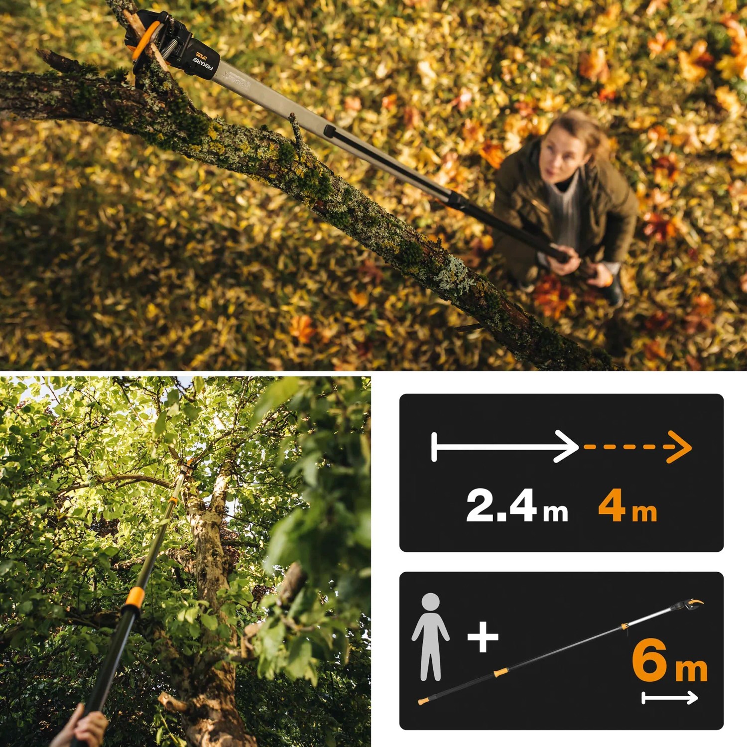 Fiskars PowerGear X UPX86 Teleskop-Schneidgiraffe beim Schneiden eines Astes, Frau im Hintergrund.