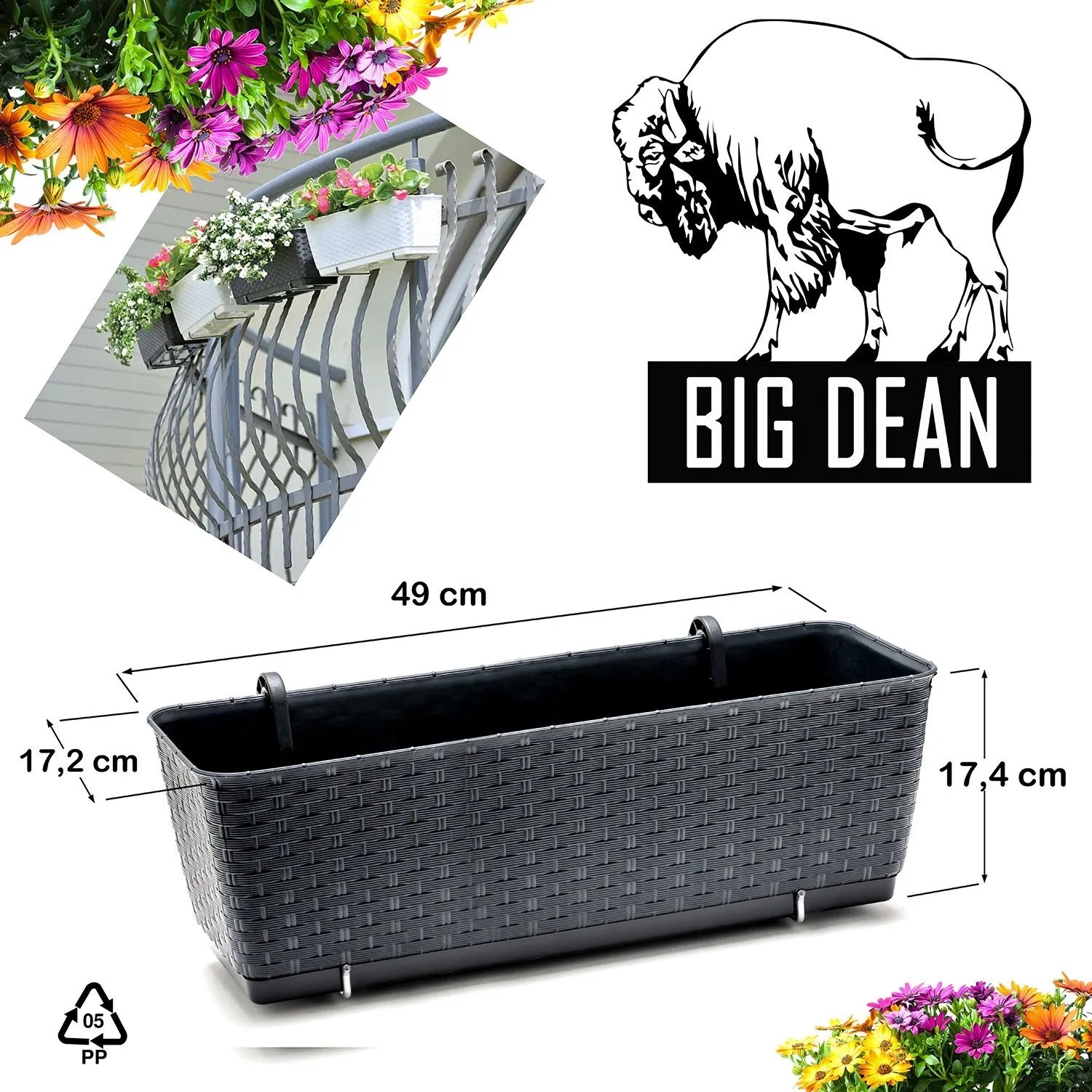 BigDean 6er Set Blumenkästen für Balkon Geländer Rattan Optik Anthrazit Balkonkästen mit Metall Halterungen 49 x 17 x 17 cm inkl_5