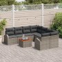 Graues 9-teiliges vidaXL Garten-Sofa-Set aus Rattan mit Tisch und dunklen Kissen.