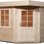 Weka Saunahaus Salo Sparset, naturbelassenes Holz mit Fenster und Tür.