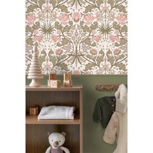 ESTAhome Vliestapete mit Jugendstil Blumenmuster in Hellrosa und Graugrün. Dekorative Tapete für stilvolle Wände.