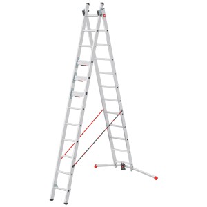 Hailo Alu-Mehrzweckleiter S110 Pro als Bockleiter, mit Querbalken und roten Akzenten.