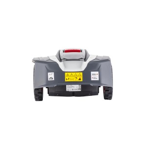 Al-Ko Robolinho 350 W Mähroboter, Rückansicht mit Sicherheitsaufklebern.