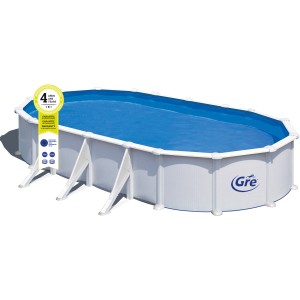 Weißer Gre Stahlwandpool Atlantis, oval, 730x375x132 cm, mit blauer Poolfolie.