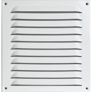 Weißes, eckiges Upmann Wetterschutzgitter aus Aluminium mit Insektenschutzgitter, 230x240mm, aufschraubbar.
