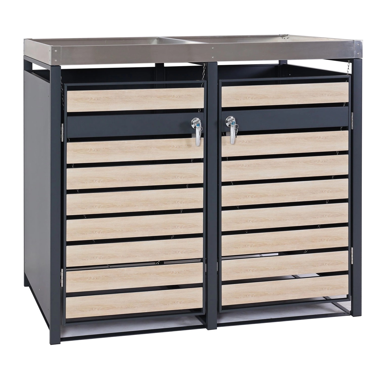 MCW Mülltonnenverkleidung J81 für 2 Tonnen in Buche-Holzoptik, abschließbar und mit Pflanzkasten.