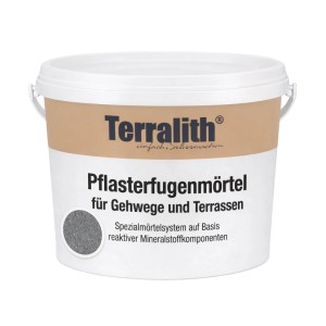 Weißer Terralith Pflasterfugenmörtel Steingrau im Eimer für Gehwege und Terrassen.