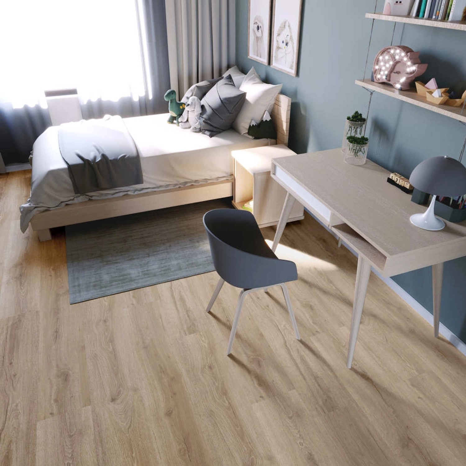 Anaturo Klebe-Vinylboden Mio 55 Eiche Verona im Kinderzimmer mit Bett und Schreibtisch.