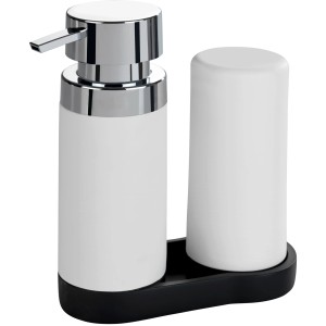 Wenko Spülstation Easy Squeeze Weiß: Spülmittel- und Seifenspender Kombination mit Chrom-Pumpe.