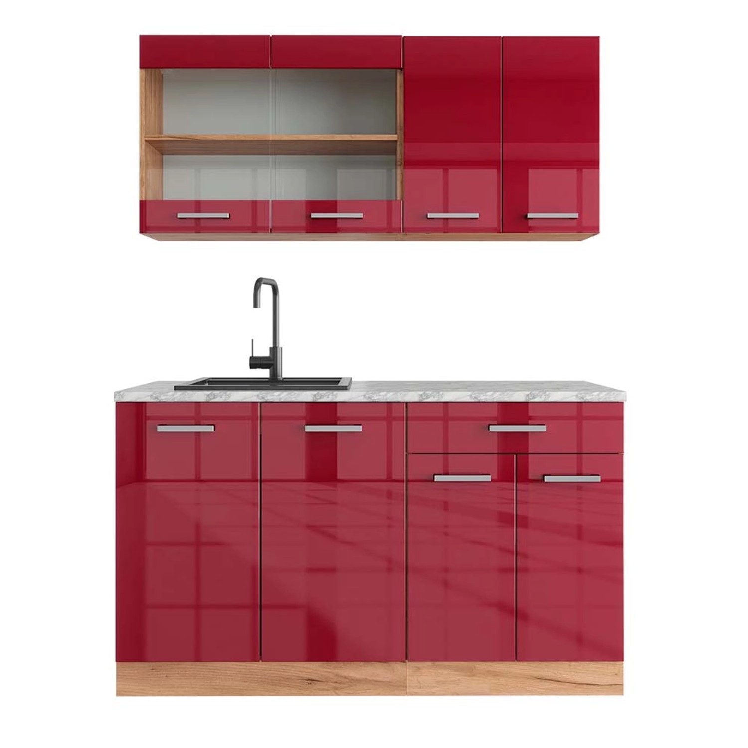 Vicco R-Line Singleküche Bordeaux Hochglanz/Goldkraft Eiche 140 cm AP Marmo günstig online kaufen