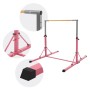 Pinkes, höhenverstellbares Gymnastik Turnreck mit Holzstange und stabilen Füßen. Faltbares Sportgerät für Kinder.
