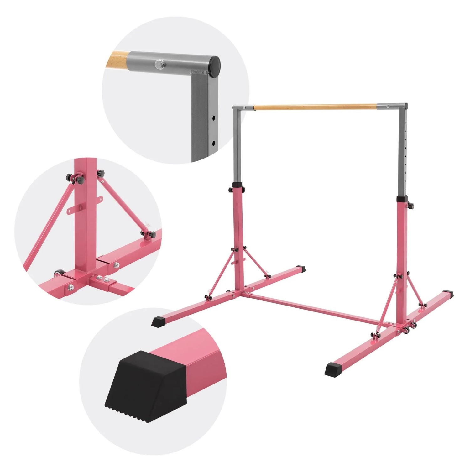 Pinkes, höhenverstellbares Gymnastik Turnreck mit Holzstange und stabilen Füßen. Faltbares Sportgerät für Kinder.