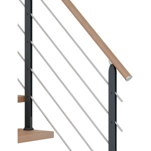 Detailaufnahme: Dolle Mittelholmtreppe Hamburg, Buche, anthrazit, Geländer mit Edelstahlstäben.