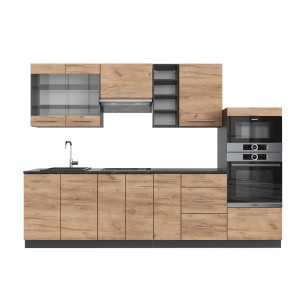 Moderne Küchenzeile in Eiche Goldkraft/Anthrazit, 280 cm breit, mit Ober- und Unterschränken sowie Elektrogeräten.