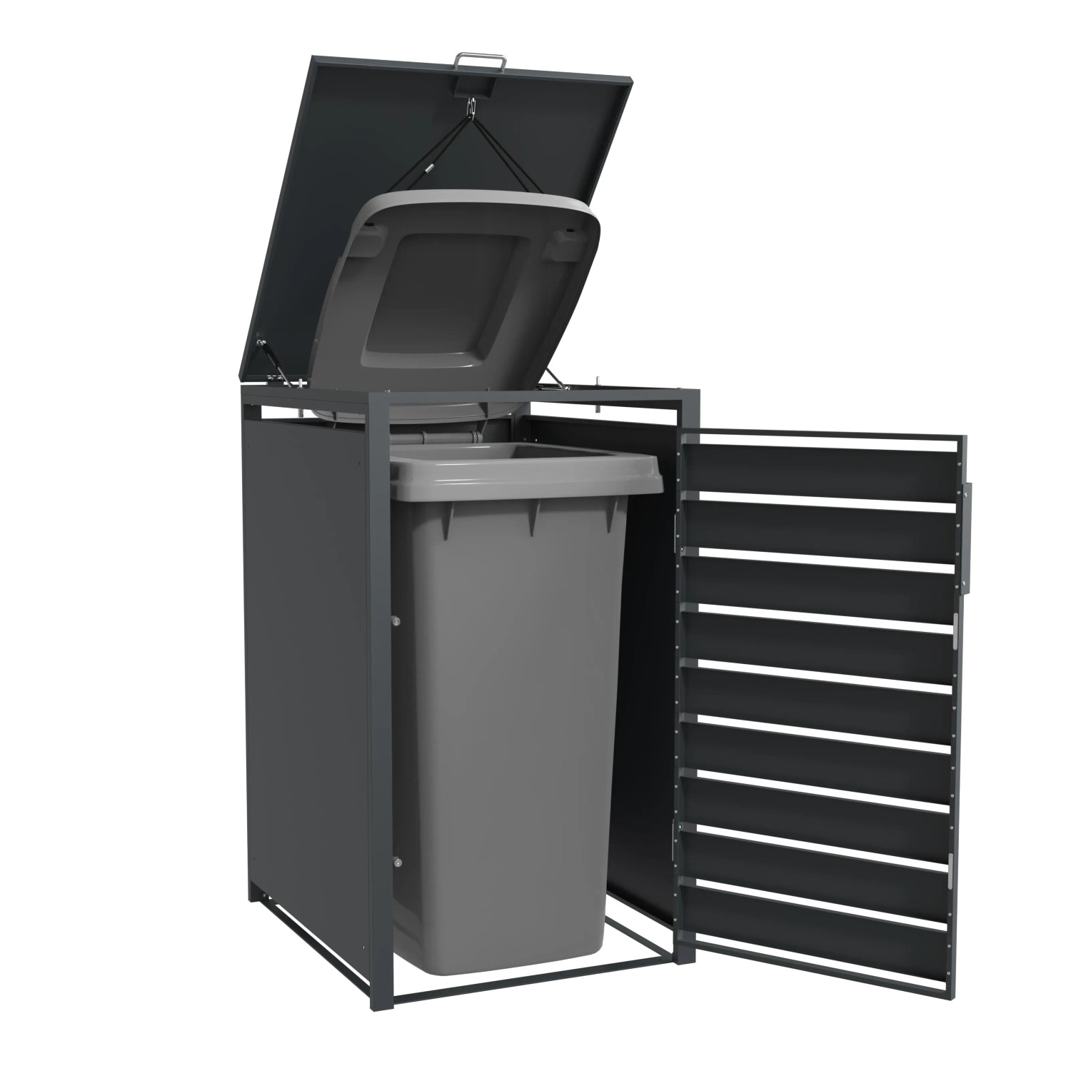 Westmann Mülltonnenbox Lacina für 240L Tonne, anthrazit mit Holzoptik, mit geöffnetem Deckel und Tür.