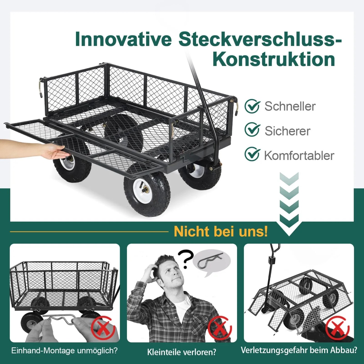 Sekey Garten Plattformwagen mit Luftreifen und abnehmbaren Seitenteilen, Tragkraft 300 kg.