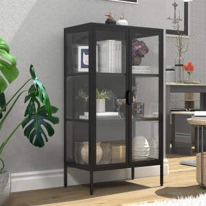 Schwarzer ebuy24 FlokaM Vitrinenschrank mit 2 Glastüren, gefüllt mit Deko-Objekten.