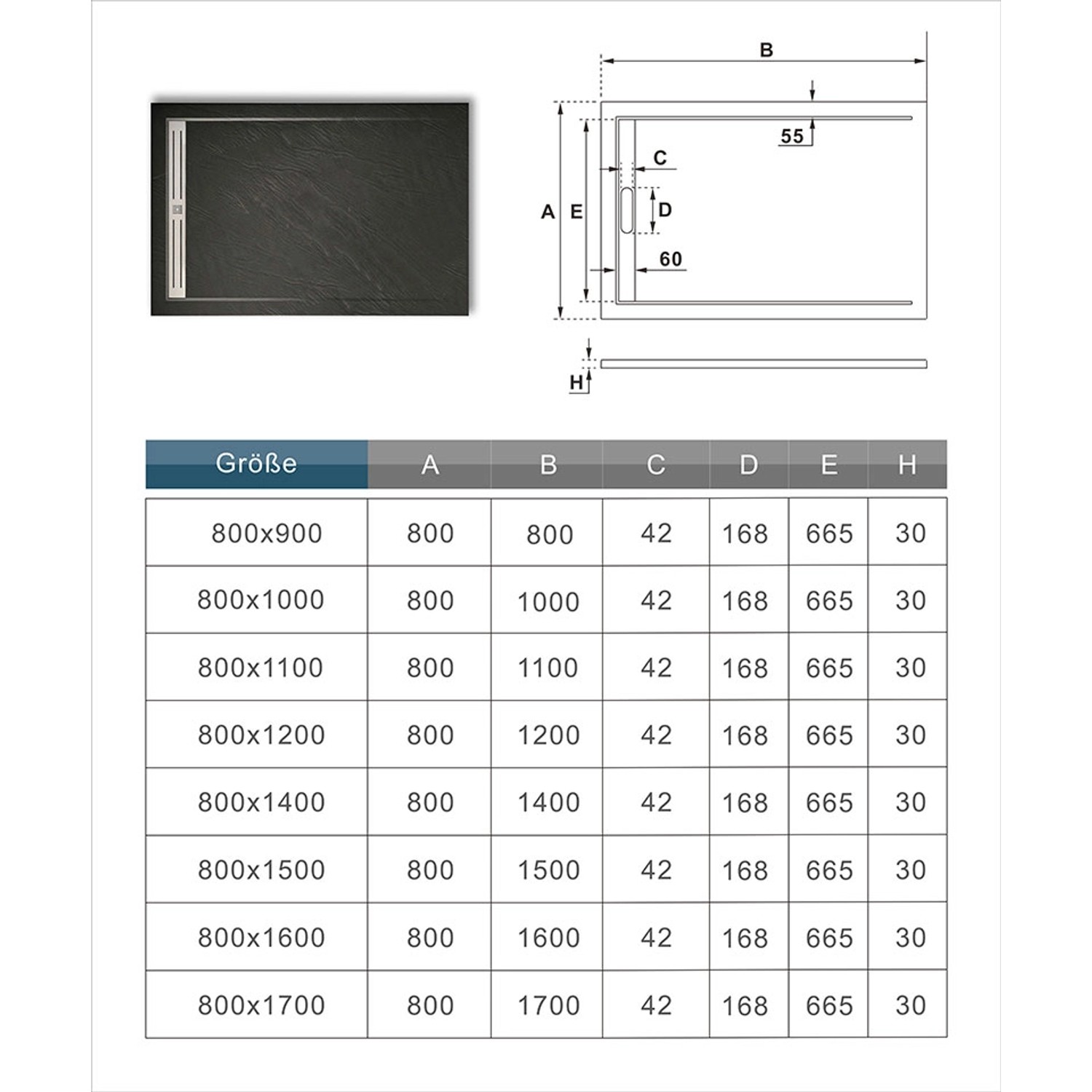 AICA Rechteck Duschtasse 80x120cm, schwarz, Stein-Effekt, mit Maßangaben und Tabelle.
