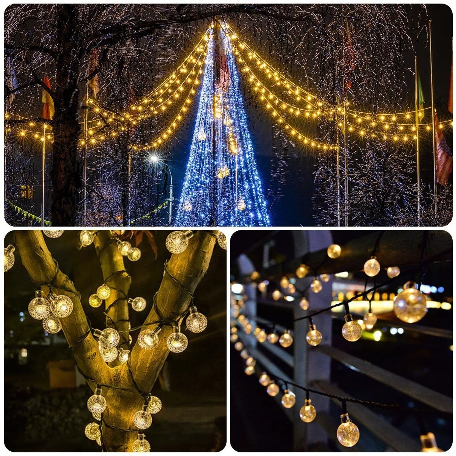 Salcar Solar LED Lichterkette mit 40 warmweißen Kristalllampen dekoriert Bäume und Geländer im Garten.