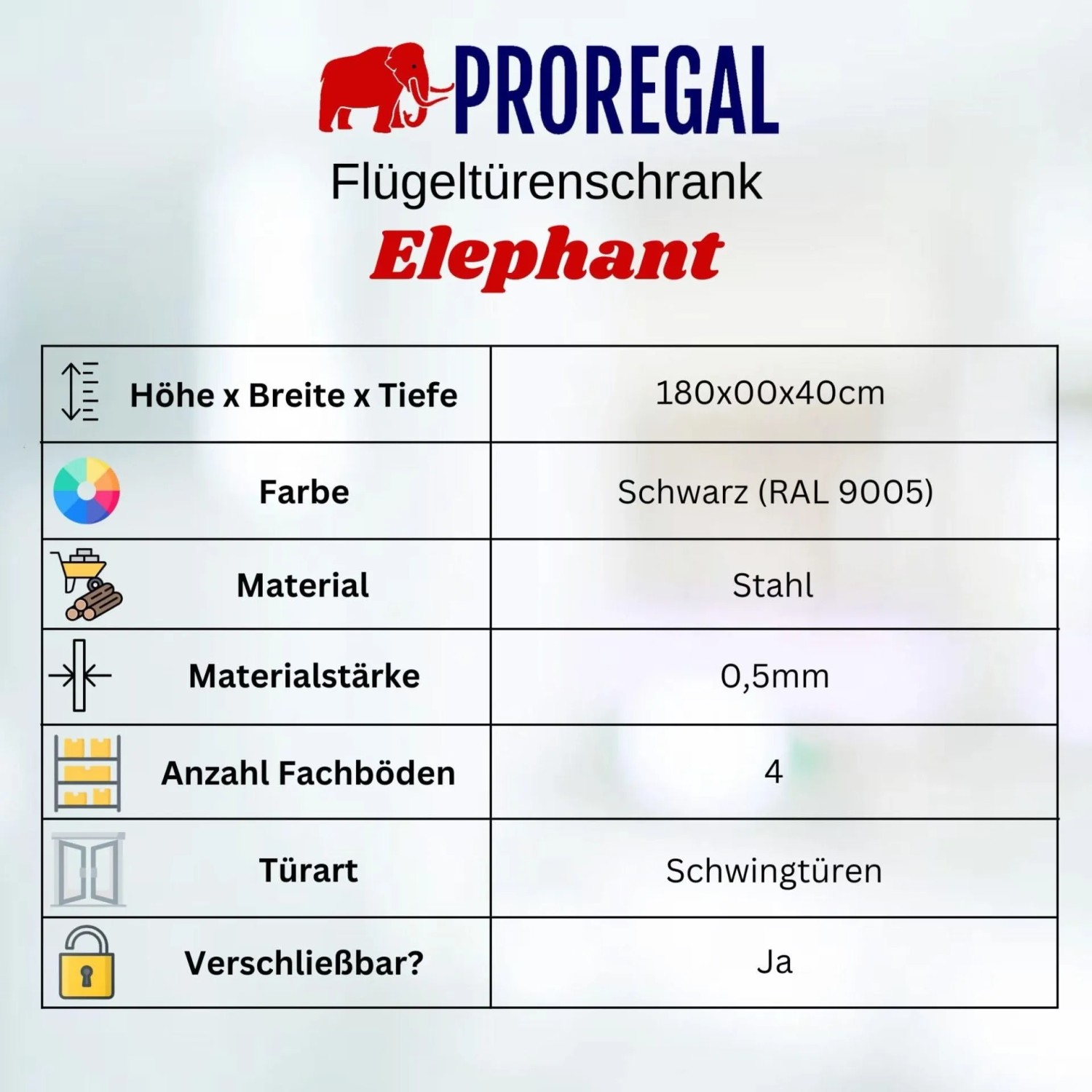 Infografik: Details zum PROREGAL Flügeltürenschrank ELEPHANT, schwarz, Stahl, 4 Ebenen, abschließbar, 180x80x40cm.