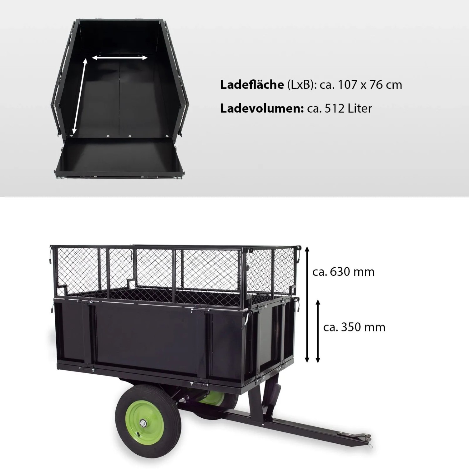 TRUTZHOLM Rasentraktor Anhänger, kippbar, 300 kg, mit Gitteraufsatz. Ideal für Gartenabfälle.