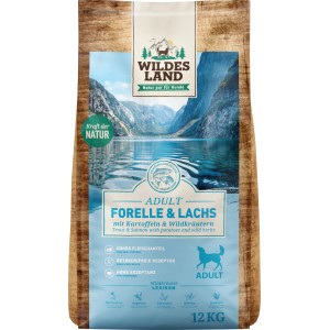Wildes Land Hunde-Trockenfutter Forelle & Lachs, 12kg Sack. Getreidefreies Futter mit Kartoffeln und Wildkräutern.